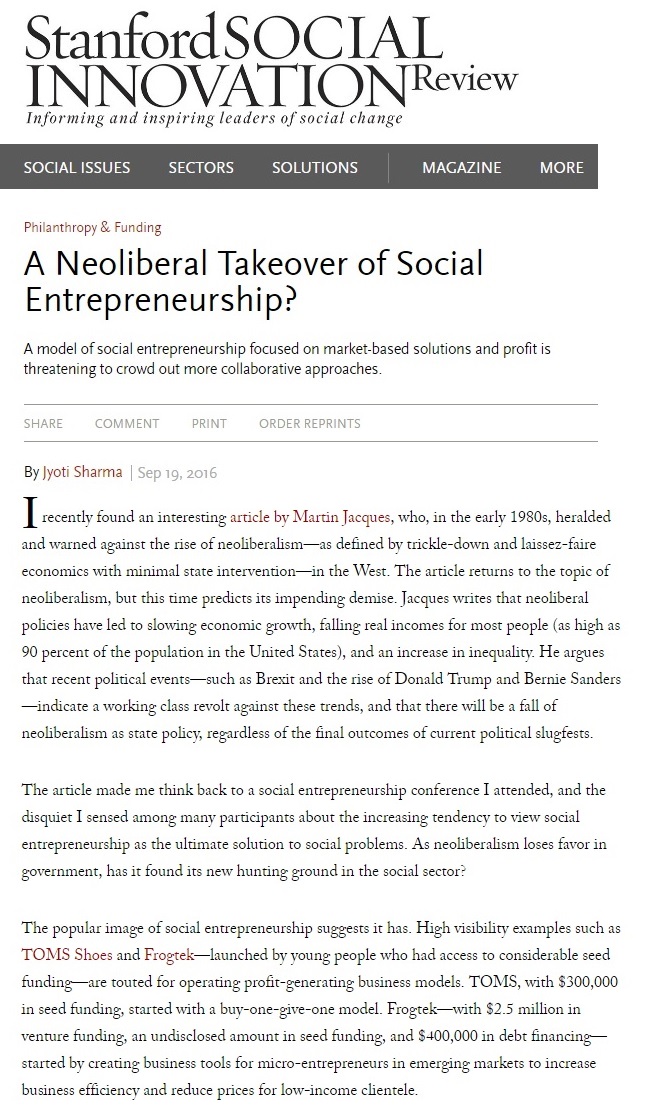 A Neoliberal Takeover of Social Entrepreneurship
